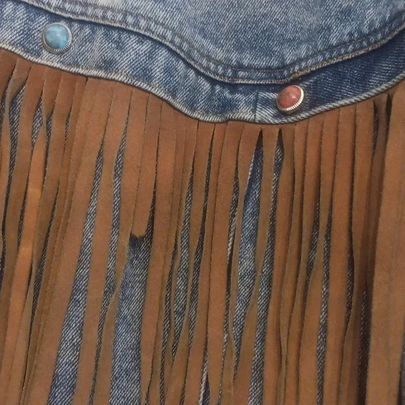 SB ll by Bitterman leather fringe Denim Jacket Vintage BOHO small - Picture 11 of 15